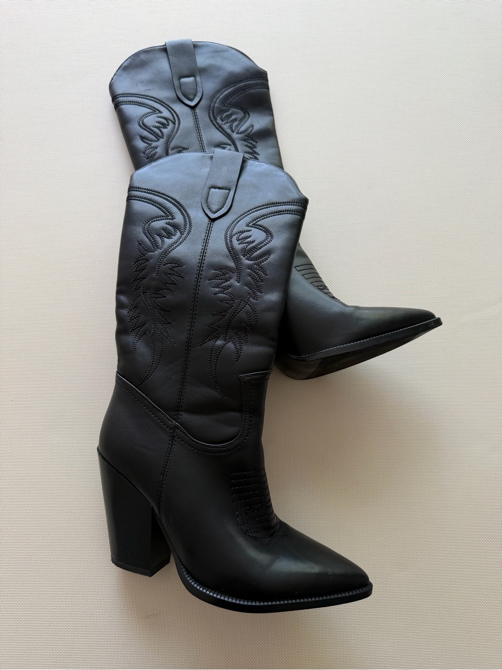 ISNOM Women’s Black Western Cowboy Boots Pointed Toe Block Heel US 6